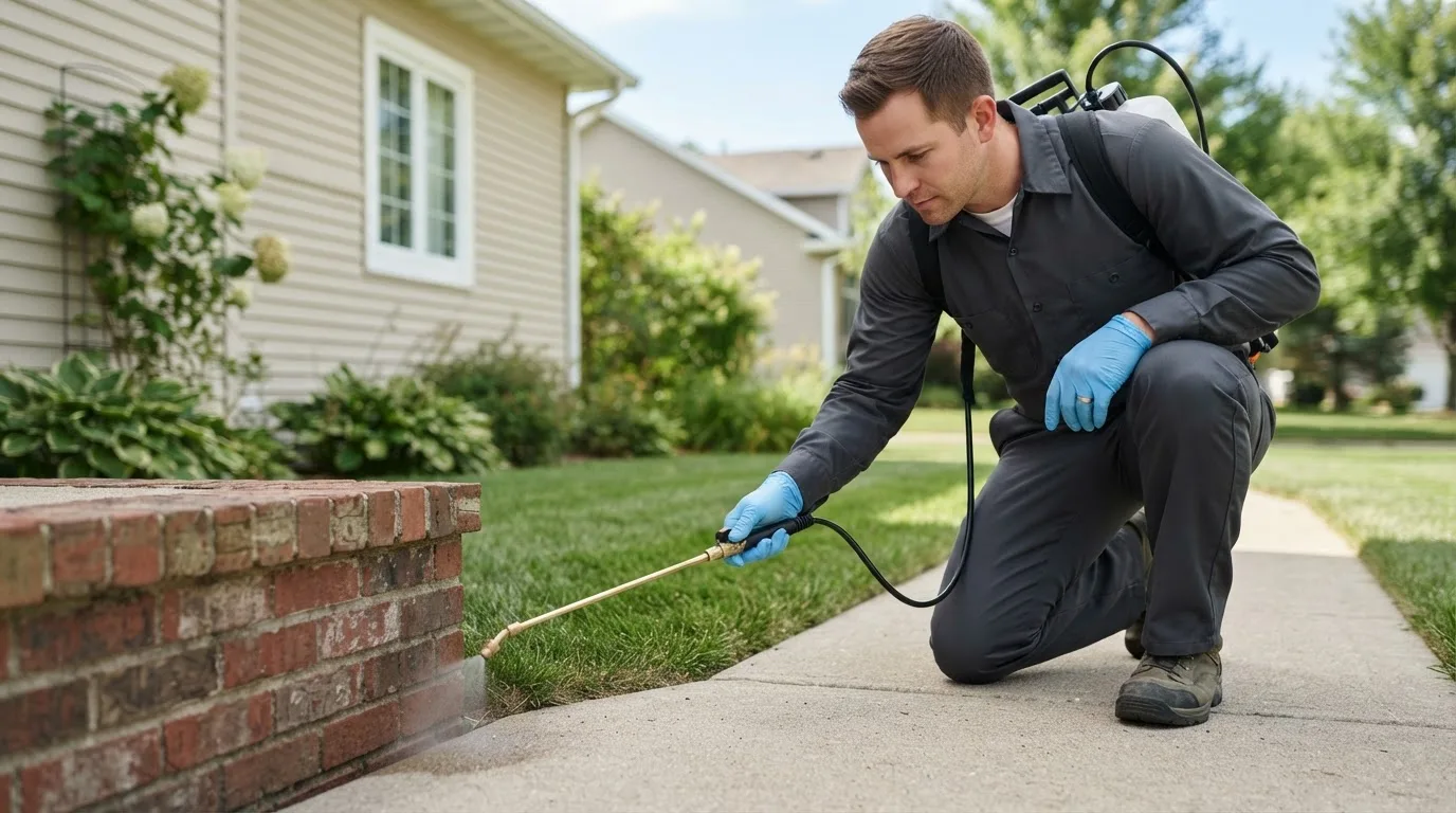 Pest control technician treating a home near Millstadt, IL