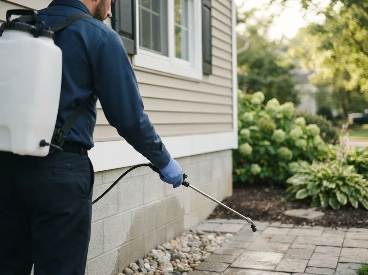 Pest control technician inspecting a home in Millstadt, IL